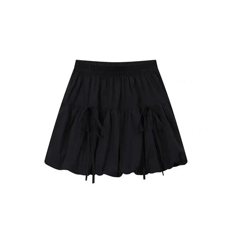 Y2k Bubble Mini Skirt Elastic Waist Ruffle Flare Puffy Skirt High Rise Cute Pleated Lace-up Bow Tie Lantern Short Skirt