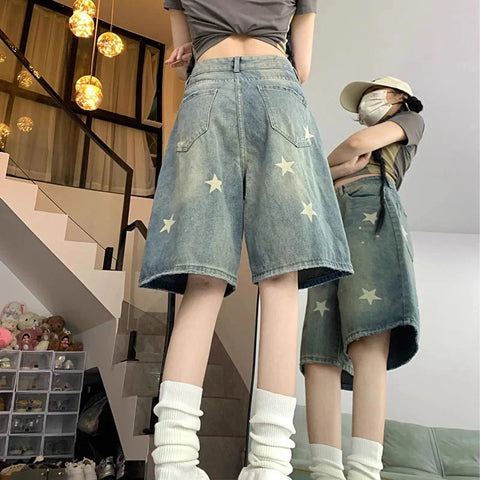 Y2K Star Printed Denim Shorts High Waist Wash Knee Length Jeans Bf Streetwear Loose Wide Leg Pants