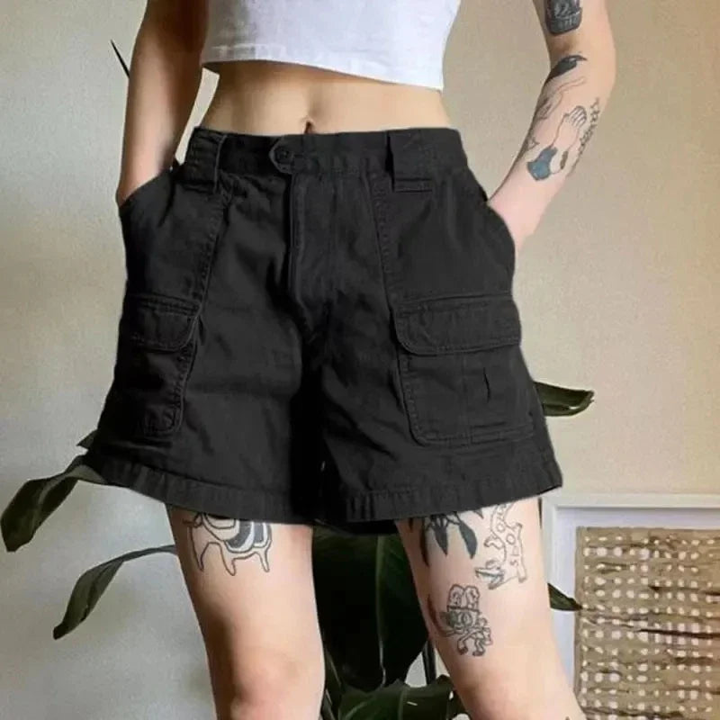 Y2k Vintage Streetwear Cargo Denim Shorts American Retro Harajuku Solid Loose Jeans Casual Pocket Chic