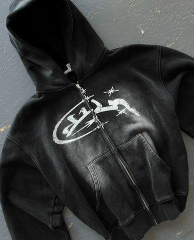 Vintage Washed Jacket Y2K Zipper Hoodie Rock Hip Hop Retro Embroidery Oversized Hoodie Sweatshirt Zipper Jackets