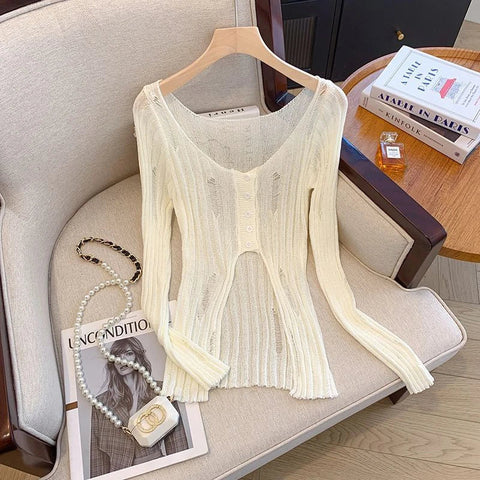 Hollow Out Knitted Cardigan Y2K Korean Streetwear Hole Long Sleeve Sweaters Thin Irregular FeTops