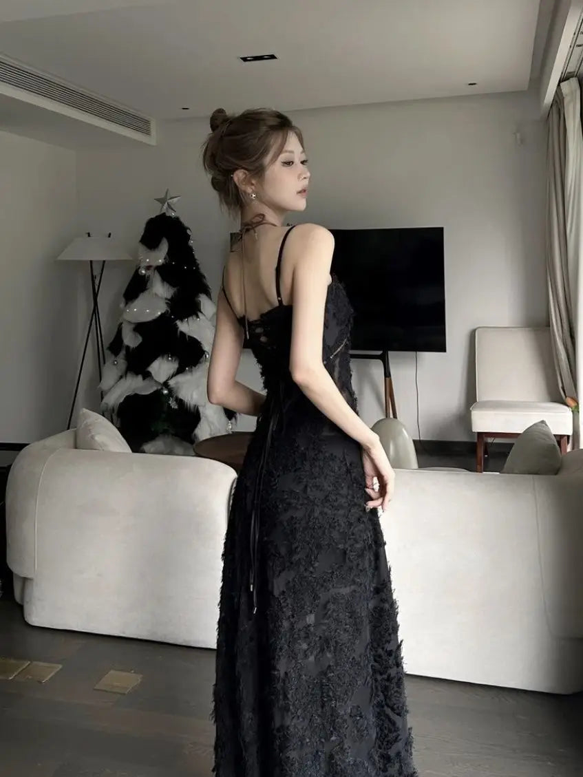 Voguable Black Party Midi Dress See-through Strap Y2k Dress FeLace Chic Korean Slim Vintage Dress New