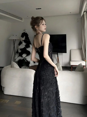 Voguable Black Party Midi Dress See-through Strap Y2k Dress FeLace Chic Korean Slim Vintage Dress New