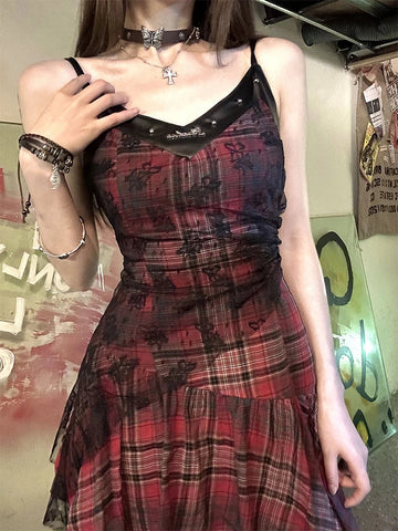 Voguable  Grunge Aesthetic Y2k Plaid One Piece Dress Slim Vintage Lace Mini Dresses Party Mesh Casual Harajuku Clothing