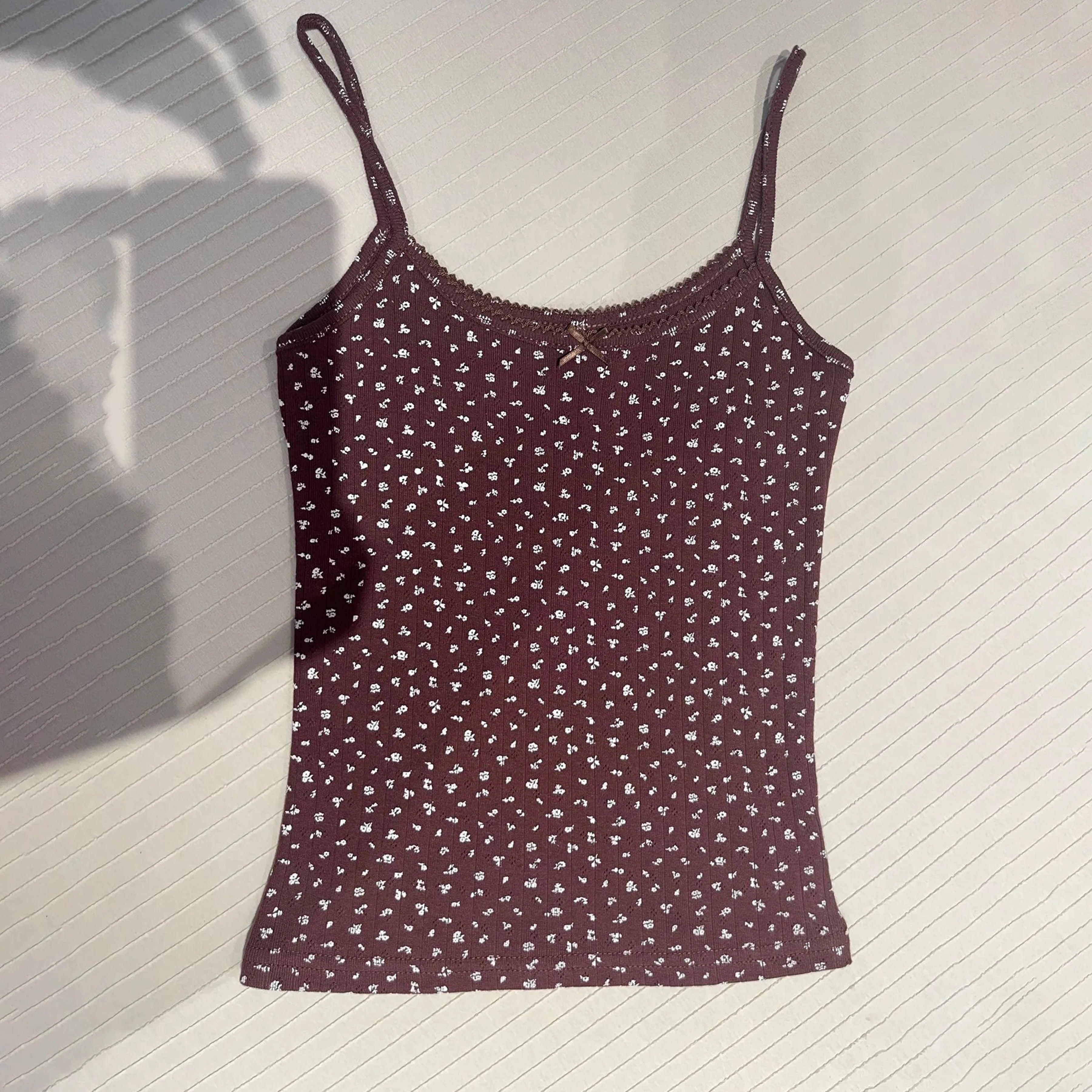 Floral Eyelet Bow Cotton Crop Tops Lace Trim Sleeveless Slim Tank Top Preppy Style Sweet Camisole Y2k Clothes