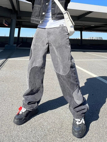 Baggy Jeans Y2K Hombre Design Gray Spliced Denim Pants Loose Jean Trousers Vaqueros Patchwork Straight Jeans For Men