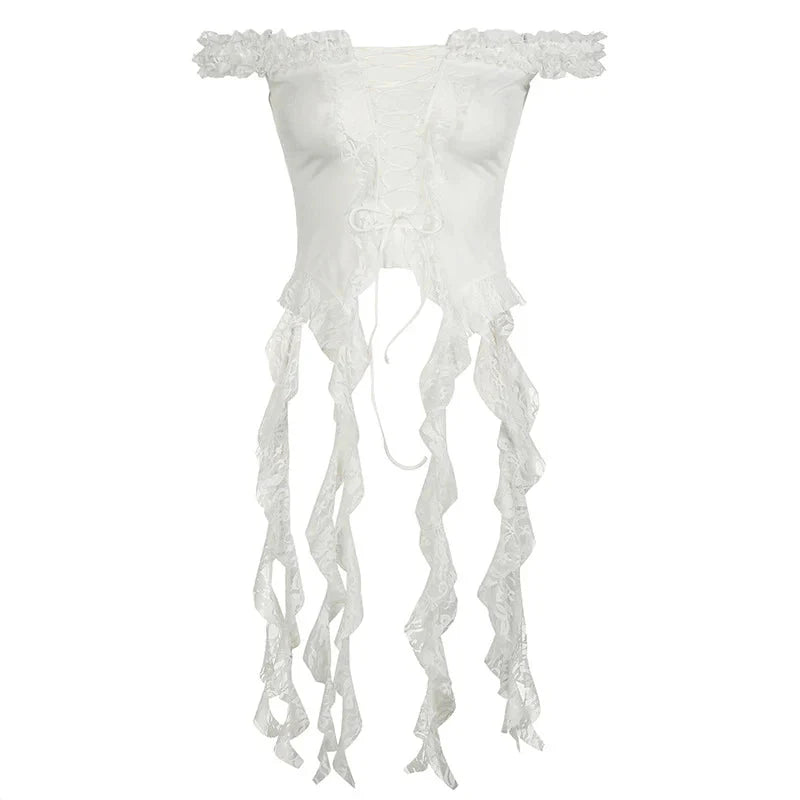 Fairy Coquette y2k Top Lace Patchwork Off Shoulder Sleeveless Irregular Hem T Shirt 2000s Party Clubwear