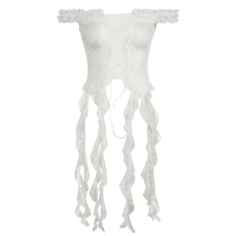 Fairy Coquette y2k Top Lace Patchwork Off Shoulder Sleeveless Irregular Hem T Shirt 2000s Party Clubwear