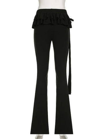 Voguable Black Lace Up Ruffled Skirt Pants Low Waist Coquette Y2K Streetwear Wide Leg Trouser Flare Pants Harajuku