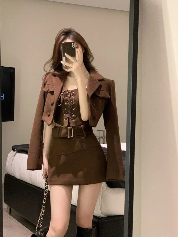 Voguable Warm Short Coat + Slim Vest + Bodycon Y2k Mini Skirt Korean 3 Piece Set Elegant Clothing Woman Chic