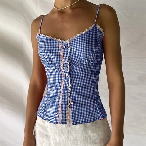 y2k Tops for Plaid Print Lace Trim Spaghetti Strap Sleeveless Single Breasted Camisole Sweet Coquette Clothing