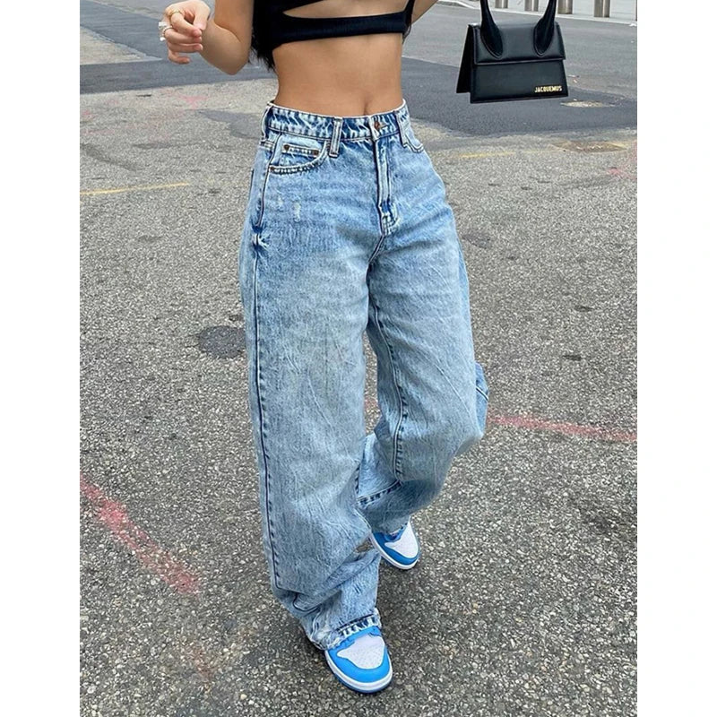 Jeans y2k Aesthetic Clothes Mid Waist Baggy Loose Trousers with Pockets Ladies Denim Pants Streetwear