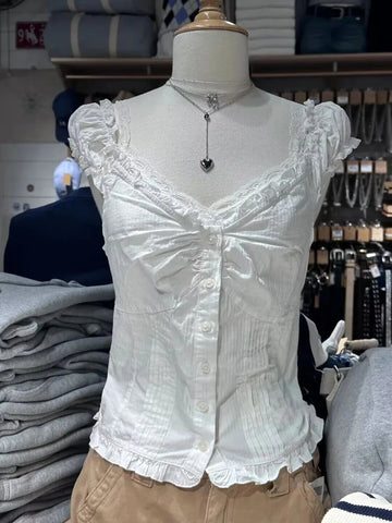 Ruffles White Basic Blouse Top for Woman Folds Single Breasted Sleeveless Tank Tops Casual Cotton Vest Y2k Sweet Camisole