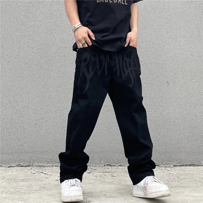 Y2K Black Baggy Jeans Streetwear American Retro Printed Letter Pants Straight Hip-hop Loose Denim Trousers