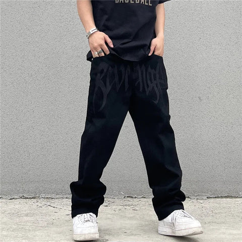 Y2K Black Baggy Jeans Streetwear American Retro Printed Letter Pants Straight Hip-hop Loose Denim Trousers