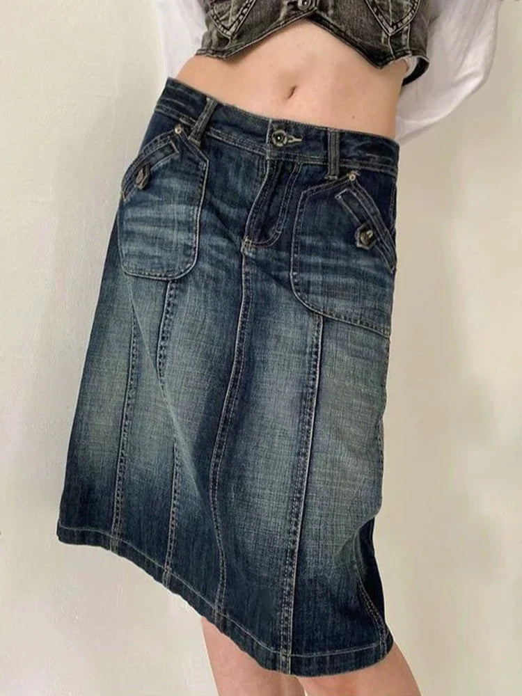 Voguable Vintage Blue Straight Denim Skirt American Retro Aesthetic Chic Stitch Cargo Mid Skirts Y2K Streetwear Grunge New