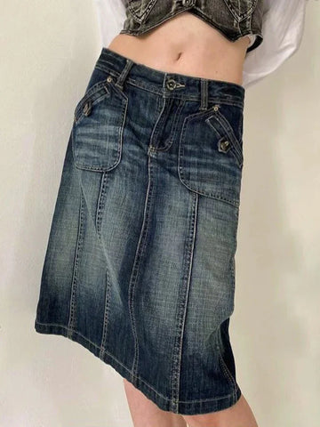 Voguable Vintage Blue Straight Denim Skirt American Retro Aesthetic Chic Stitch Cargo Mid Skirts Y2K Streetwear Grunge New