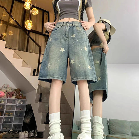Y2K Star Printed Denim Shorts High Waist Wash Knee Length Jeans Bf Streetwear Loose Wide Leg Pants