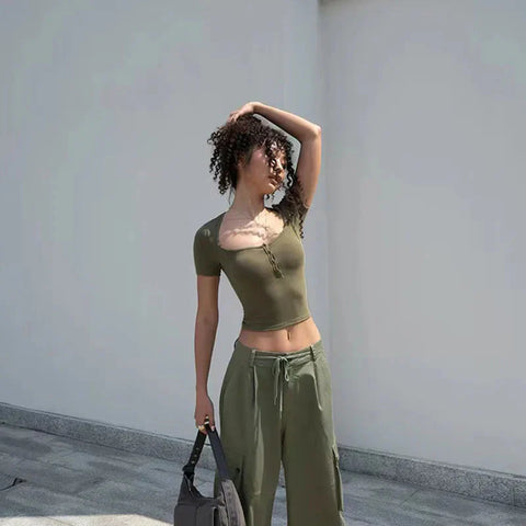 Y2K V Neck Crop Top Low Cut Skinny Button Up Cropped T Shirts Streetwear Solid Short Sleeve Tees