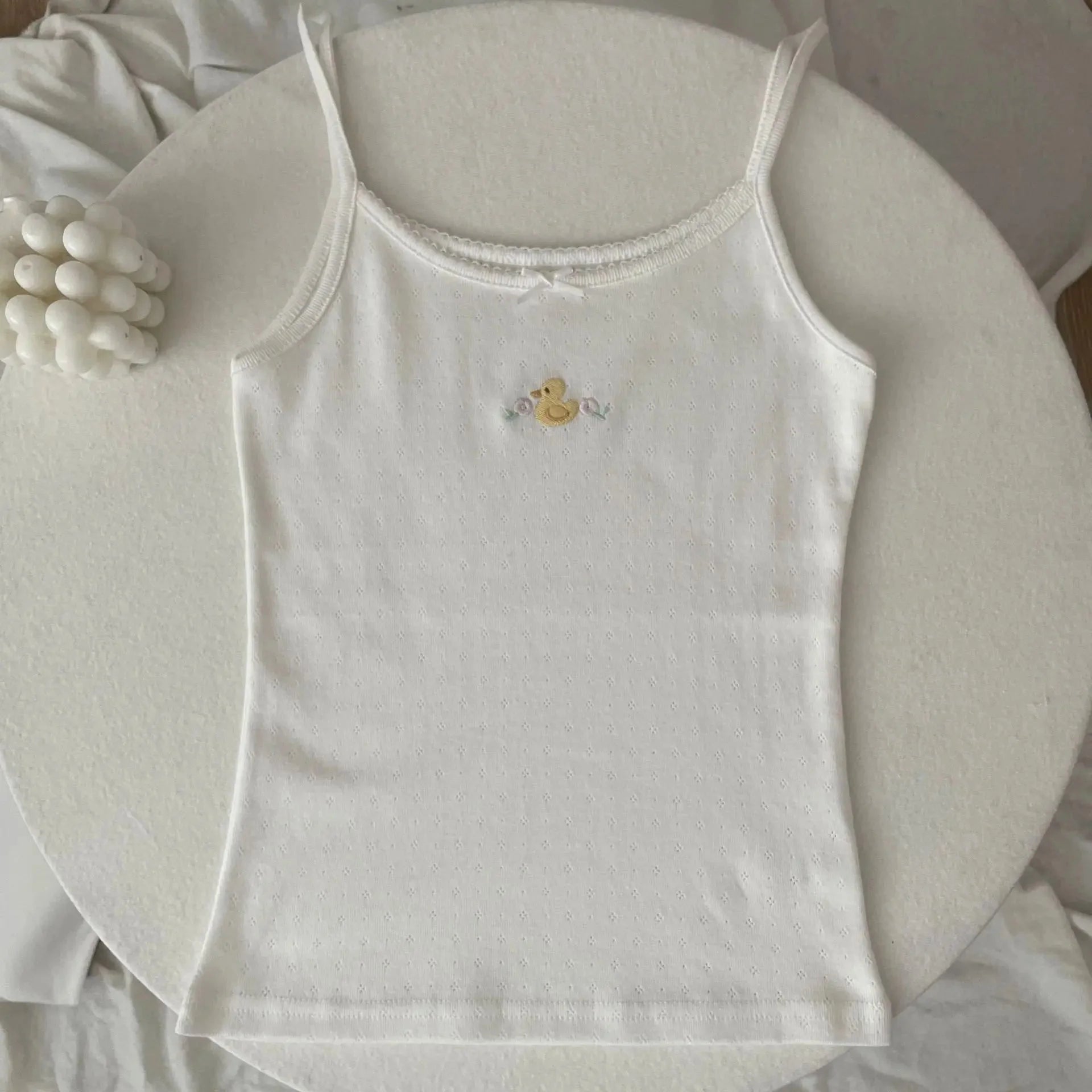 Floral Eyelet Bow Cotton Crop Tops Lace Trim Sleeveless Slim Tank Top Preppy Style Sweet Camisole Y2k Clothes