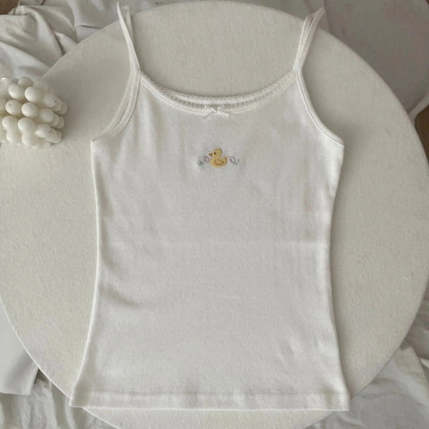 Floral Eyelet Bow Cotton Crop Tops Lace Trim Sleeveless Slim Tank Top Preppy Style Sweet Camisole Y2k Clothes