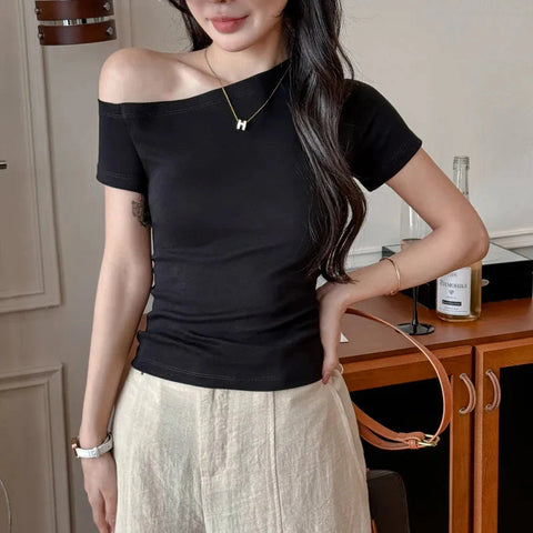 Solid Off Shoulder Short Sleeve T Shirt Simple Basic Single Sleeved Jumper Top Streetwear Slim Fit FeY2K Clothes Tees