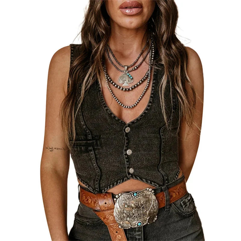 Denim Tank Tops for Solid Color V Neck Single Breasted Sleeveless Jeans Vest y2k Waistcoat Streetwear