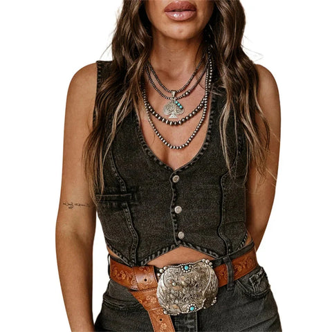 Denim Tank Tops for Solid Color V Neck Single Breasted Sleeveless Jeans Vest y2k Waistcoat Streetwear