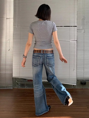 American Retro High Street Spicy Girls Low Waist Jeans Vintage Y2k Harajuku Baggy Solid Slim Denim Flared Pants