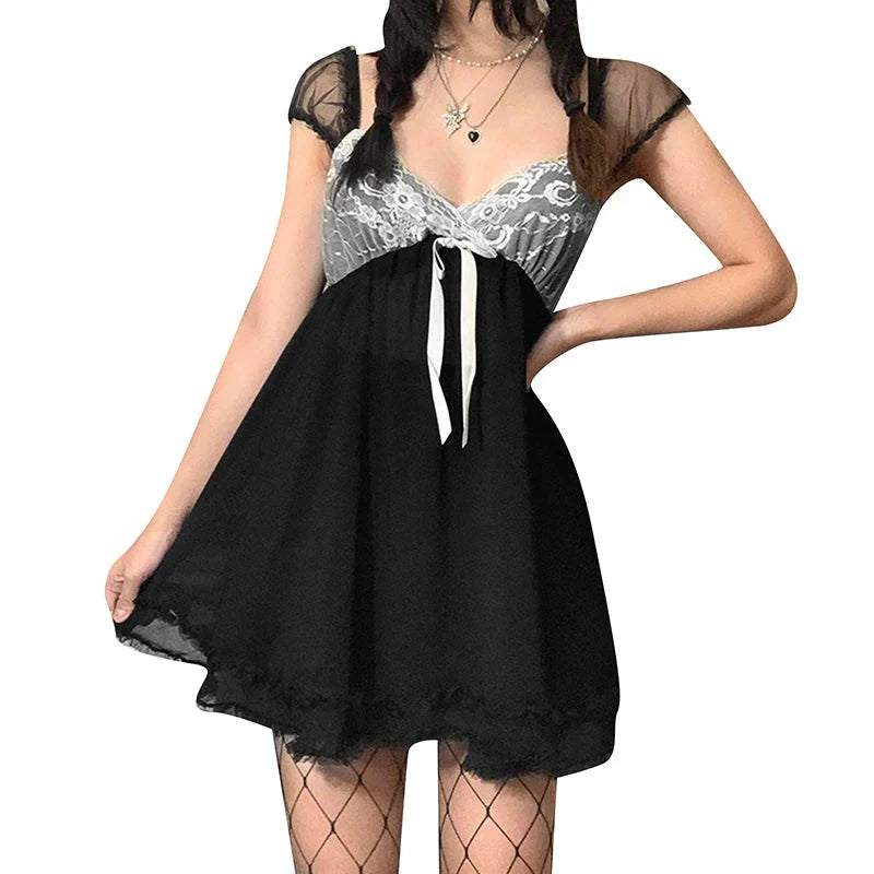 Kawaii Lace Patchwork Dress y2k V Neck Sleeveless A-line Mini Dresses with Bow 2000s Fairycore Grunge Dresses