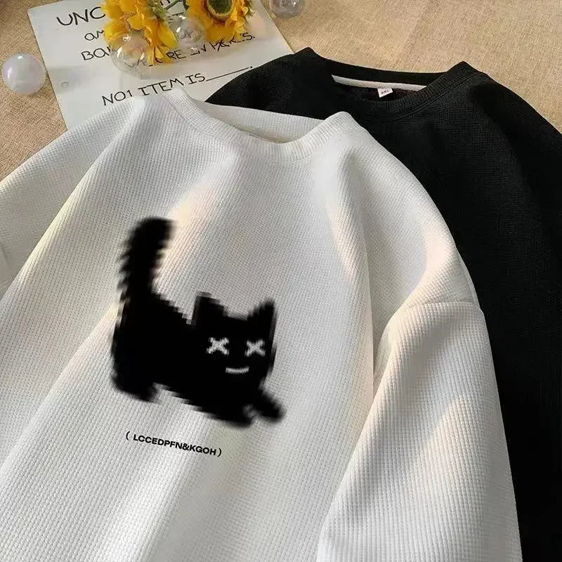 Voguable Streetwear Harajuku Waffle Cotton Kawaii Hoodies for O-Neck Oversized Sweatshirt Y2K Black Cat HIP HOP Punk Winter Clothes