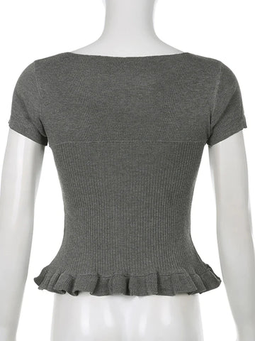 Voguable  Ribbons Bow Contrast Patchwork T-shirt Y2K Aesthetic Button Up Frill Casual Basic Crop Top Kawaii Lolita Tops Cute Tees