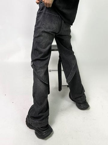 ReddaChic Acubi Pants Black Baggy Jeans with Zipper Slit 2-Strip Cyberpunk Y2k Grunge Goth Trousers Emo Streetwear