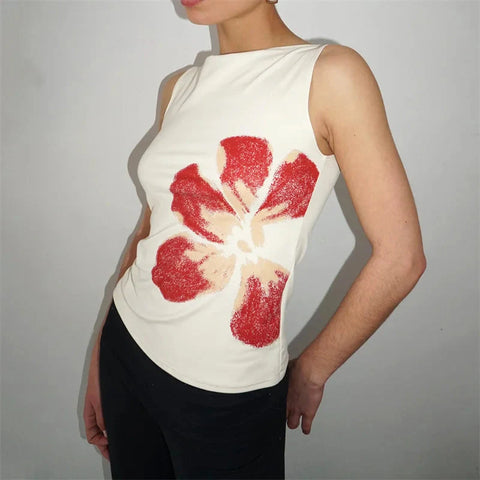 Coquette Tank Tops Floral Print Boat Neck Sleeveless T Shirts Vest y2k Fairycore Clothing Streetwear