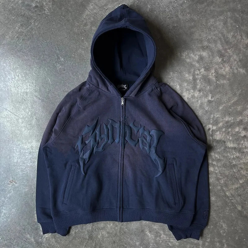 Harajuku High Street Popular Vintage Letter Print Y2k Zip Hoodies Loose Sweatshirt Unisex Casual Joker Pullovers Hoodie Tops