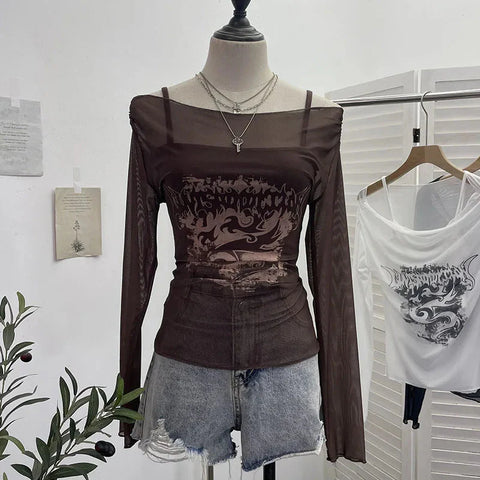 Slash Neck Mesh Sunscreen T Shirt Y2K Streetwear Print Long Sleeve Patchwork Camis Suit Folds Slim All Match Tees