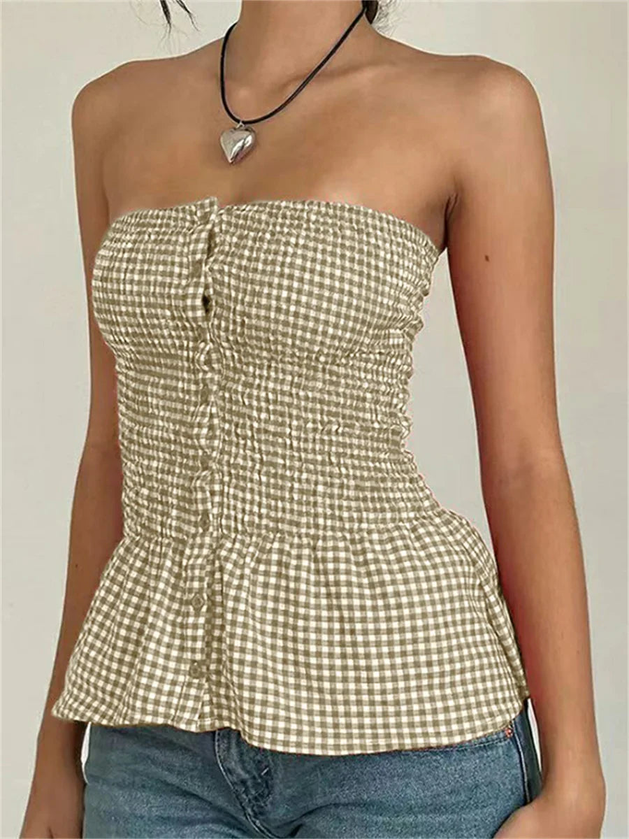 Y2k Red Gingham Crop Top Womean Strapless Ruffle Hem Sleeveless Button Cami Coquette Aesthetic Plaid Print Crop Top Summer