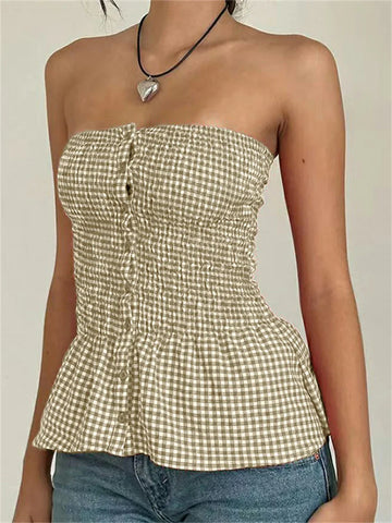 Y2k Red Gingham Crop Top Womean Strapless Ruffle Hem Sleeveless Button Cami Coquette Aesthetic Plaid Print Crop Top Summer