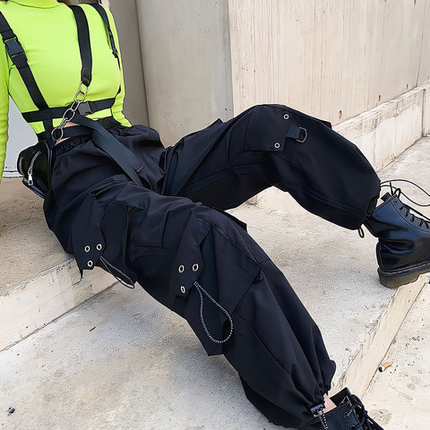 Black Cargo Pants High Waist Hip Hop Loose Vintage Streetwear Grunge Y2k Punk Casual Straight Wide Leg Trousers