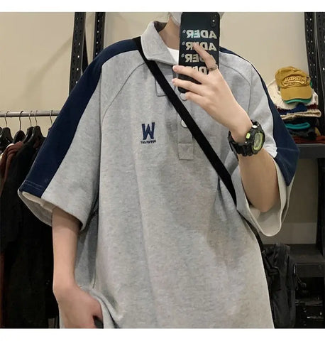 Short-sleeved polo shirt half high lapel T-shirt trendy brand trend versatile five-point half sleeve y2k tops