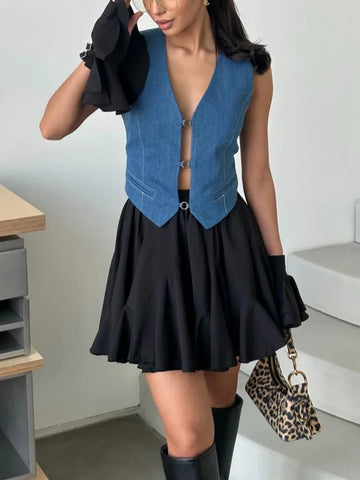 White Ruffle Mini Skirts A-line Irregular Cupcake Skirt Patchwork Elastic Waist Girl Y2K Tutu Short Skirt