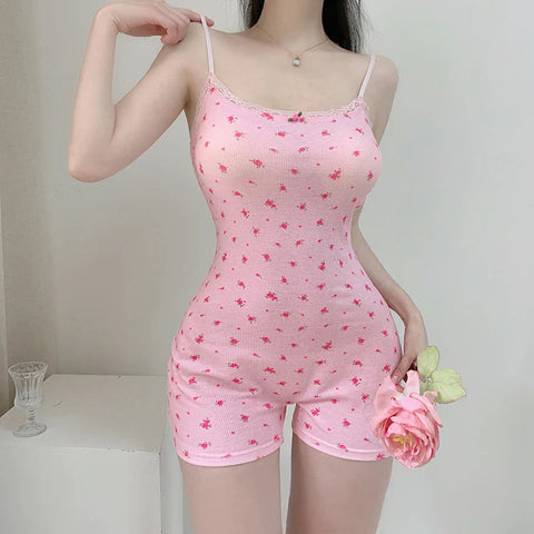 Voguable  Coquette Floral Print Sleeveless Rompers Lace Stitching Slim-fitting Playsuits Y2K Aesthetic Jumpsuits Shorts
