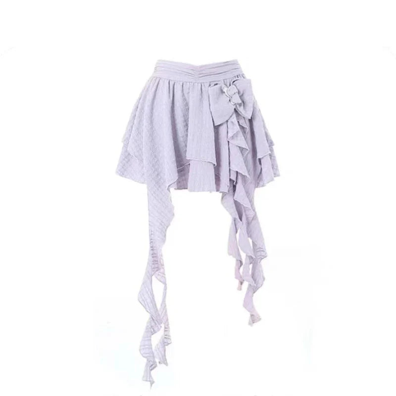 Voguable Harajuku Skirt Chic A-line Korean Sweet Saia Bow Irregular Y2k Mini Skirts Ruffles Jupe Clothing