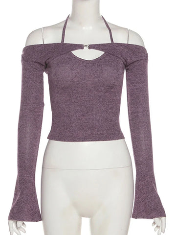 Y2K Top Long Sleeve T-Shirts 2 Piece Tops Halter Tanks Backless Crop Top Off Shoulder Tees Christmas Clothes