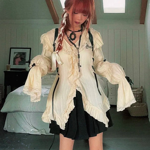 Y2k Aesthetics Lace Shirt Grunge Gothic Irregular Blouses Fairy Harajuku Bandage Shirt Vintage Lolita Clothes Mall Goth