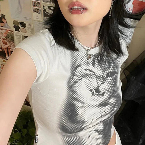 y2k Crop Top Cute T Shirt Cat Print Round Neck Short Sleeve Baby Tee Graphic Clothes 2000s Streetwear