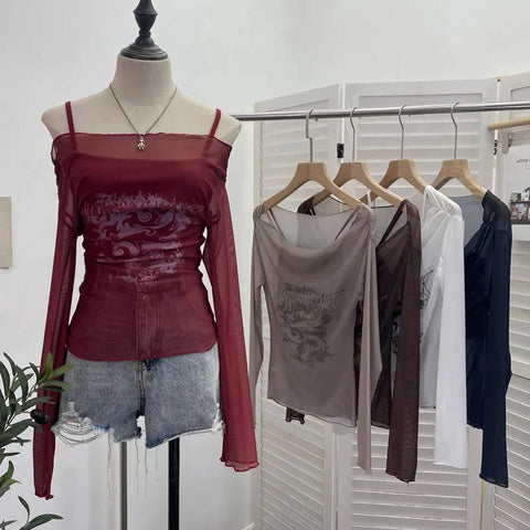 Slash Neck Mesh Sunscreen T Shirt Y2K Streetwear Print Long Sleeve Patchwork Camis Suit Folds Slim All Match Tees