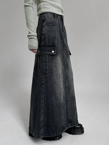 Voguable Vintage Pocket Split Washed Denim Maxi Skirt High Waist Y2K Streetwear Long Skirts Harajuku Korean Fairy Grunge