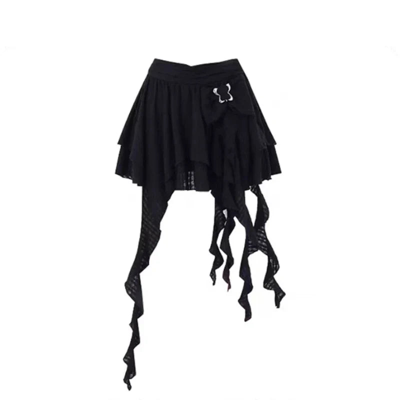 Voguable Harajuku Skirt Chic A-line Korean Sweet Saia Bow Irregular Y2k Mini Skirts Ruffles Jupe Clothing