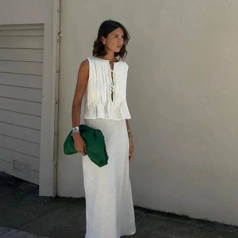 Y2K Korean White Linen Cotton Pleated Lace Up Sleeveless Short Shirt Crop Top Blouse Pleated Shirts Clothes